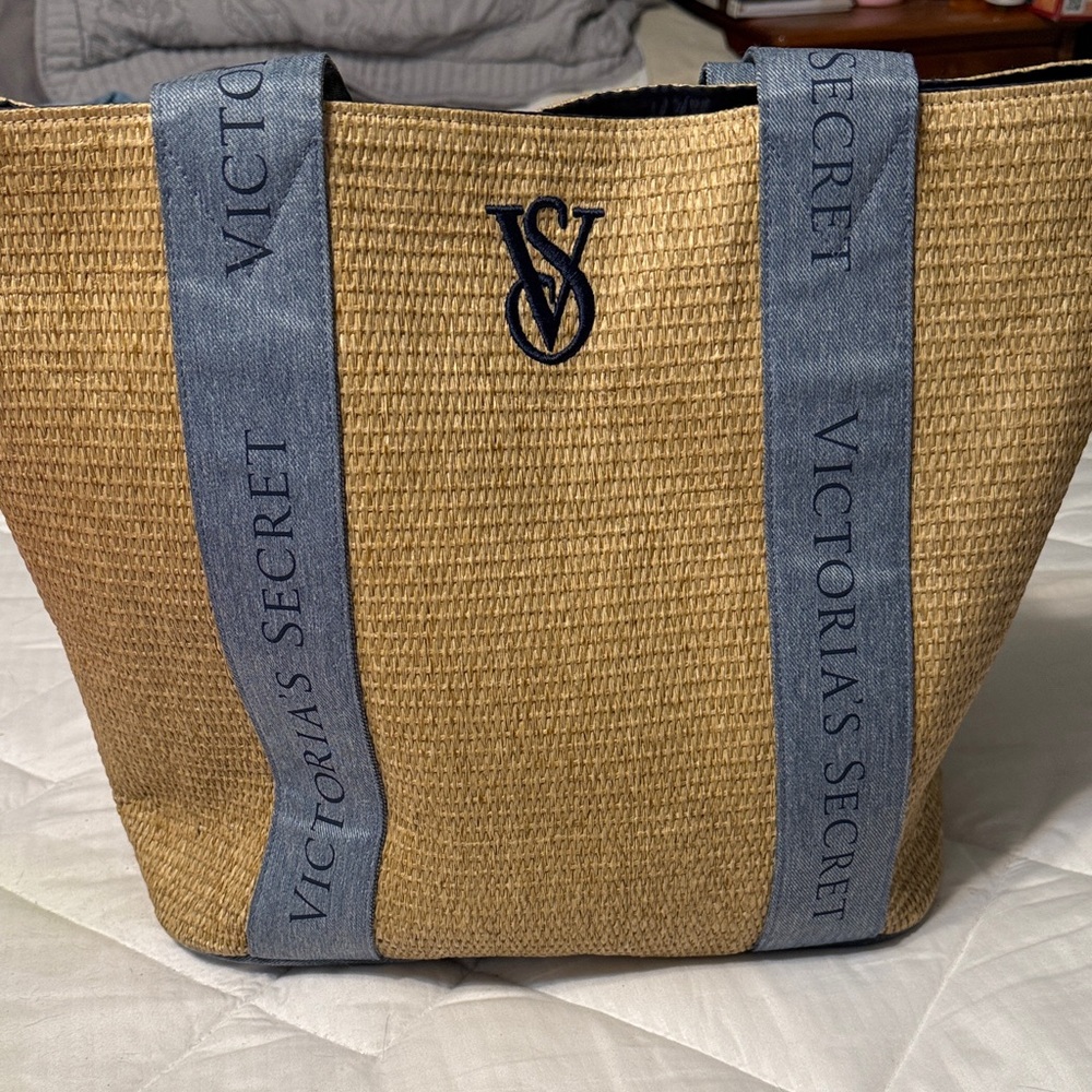 Victoria's Secret Straw Tote with Blue Straps